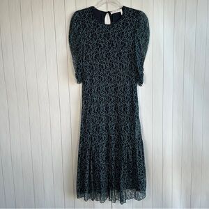 See by Chloe size M 42 midi dress all over lace black blue ruffle puff sleeve